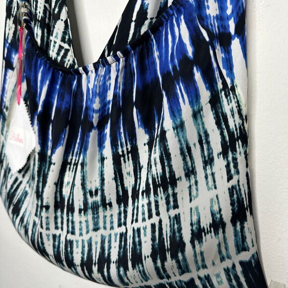 Parker Blue White Black Wales Tie Dye 100% Silk Wrap Halter Top Button VNeck L - Picture 7 of 12